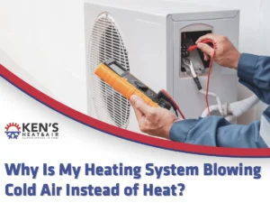Technician inspecting a heating system blowing cold air instead of heat in a residential home.